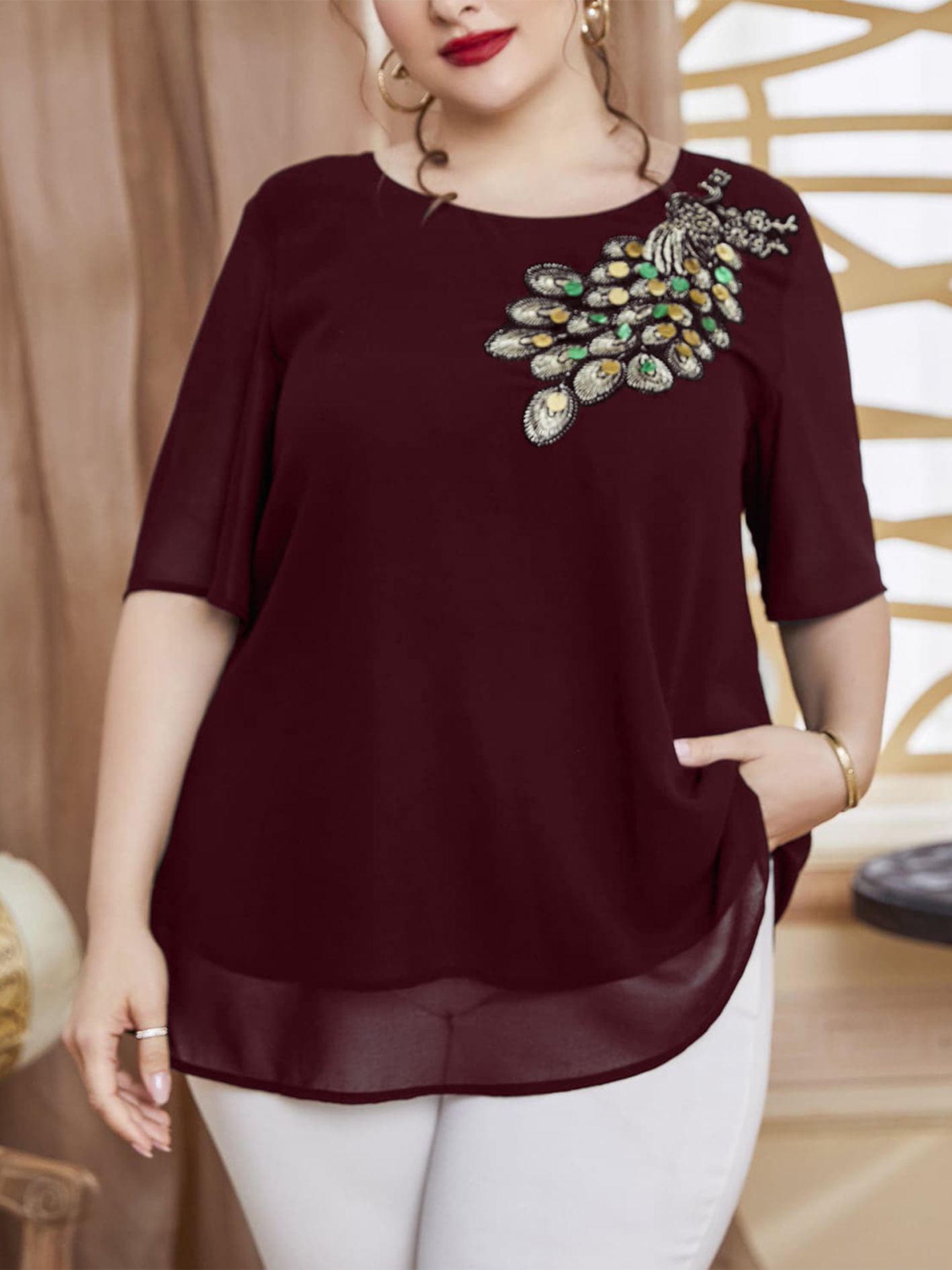 Women'S Fashion Jersey - Haut paon brodé grande taille pour
