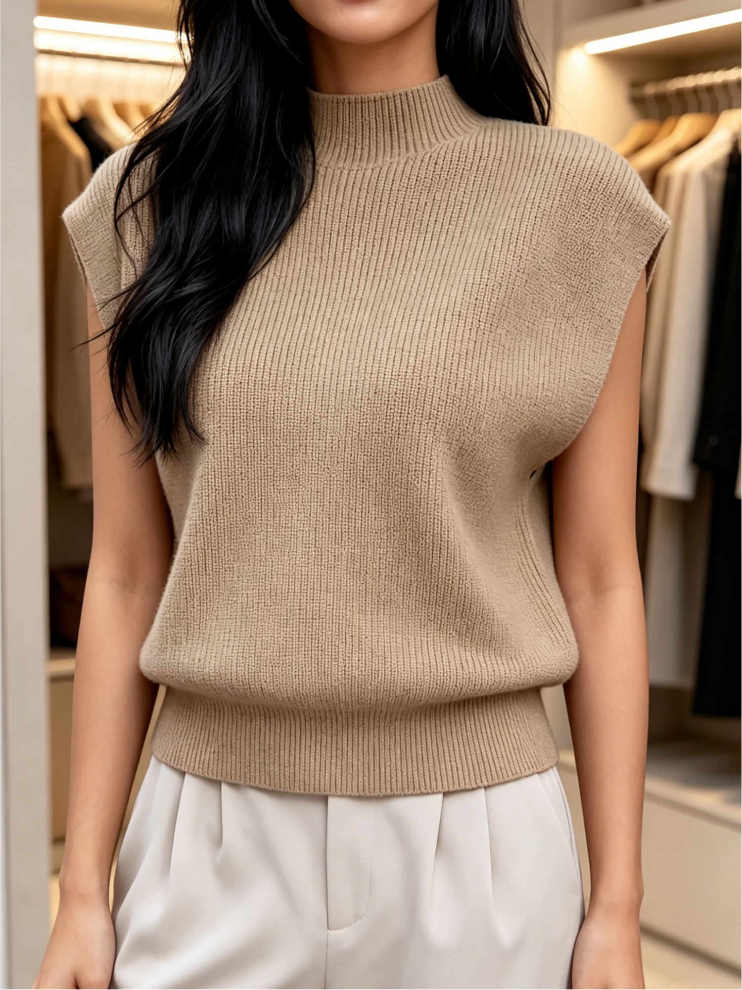 Women Fashion Vest - Gilet tricoté à col haut de