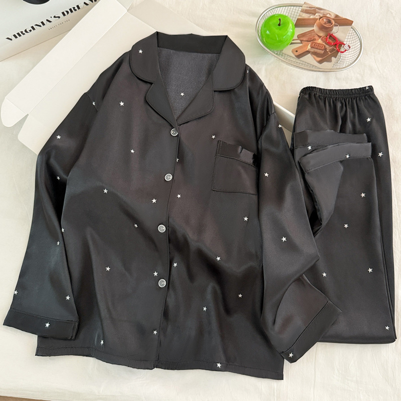Women Fashion Simple - Pyjama en soie glacée noire étoile