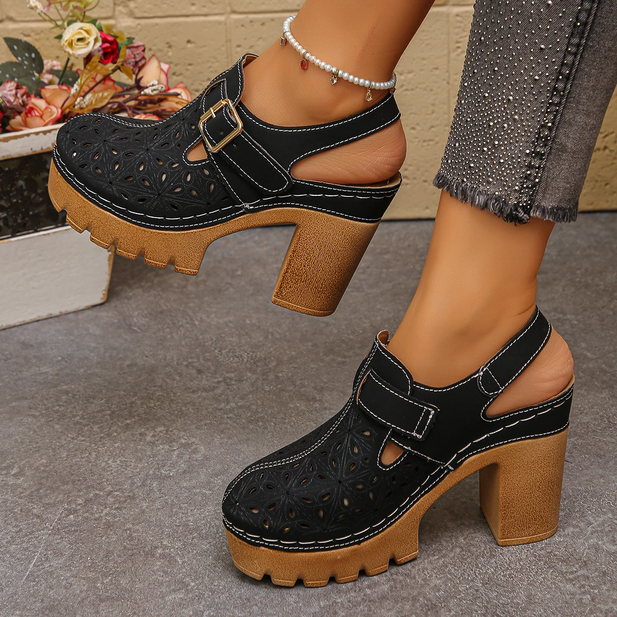 Women Fashion Hats - Sandales à talons épais pour femmes,