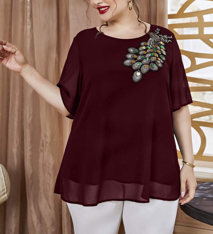 Haut paon brodé grande taille  - Women'S Fashion Jersey avis et prix